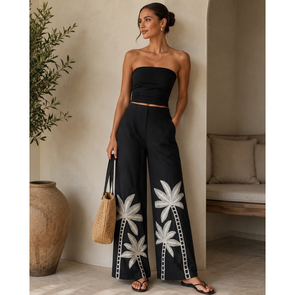 Commense Black Wide Leg Pants Size Small Stretch Resort Vacation